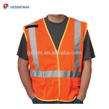 Großhandelsfertigung 100% Polyester-Maschen-orange Bahnarbeitskleidungs-Jacke kundengebundene hohe Sicht Sicherheits-Weste-Tasche